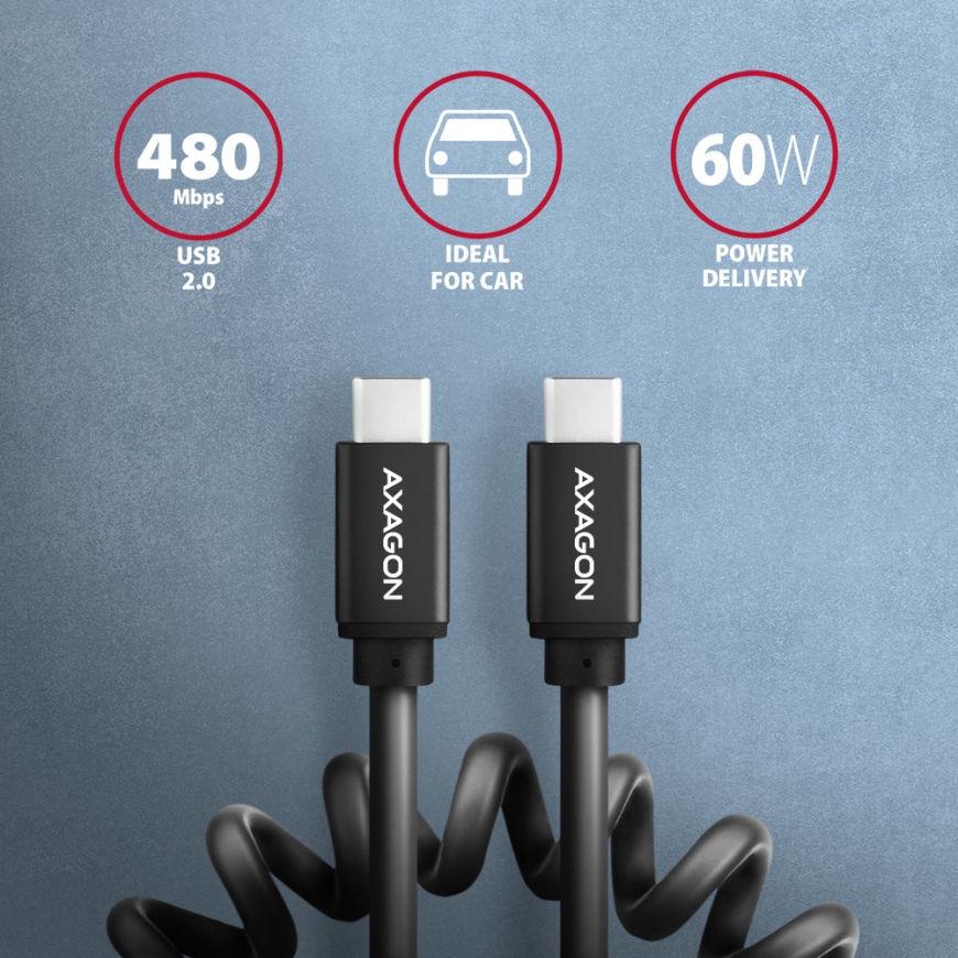 Axagon Data and charging USB 2.0 cable 1.1 m long. PD 60W, 3A. Black twisted. USB kabelis 1,1 m USB – 2