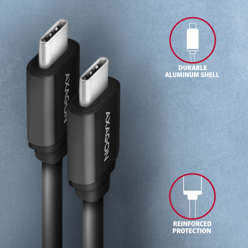 Axagon Data and charging USB 2.0 cable 1.1 m long. PD 60W, 3A. Black twisted. USB cable USB C 0.48 G – 3