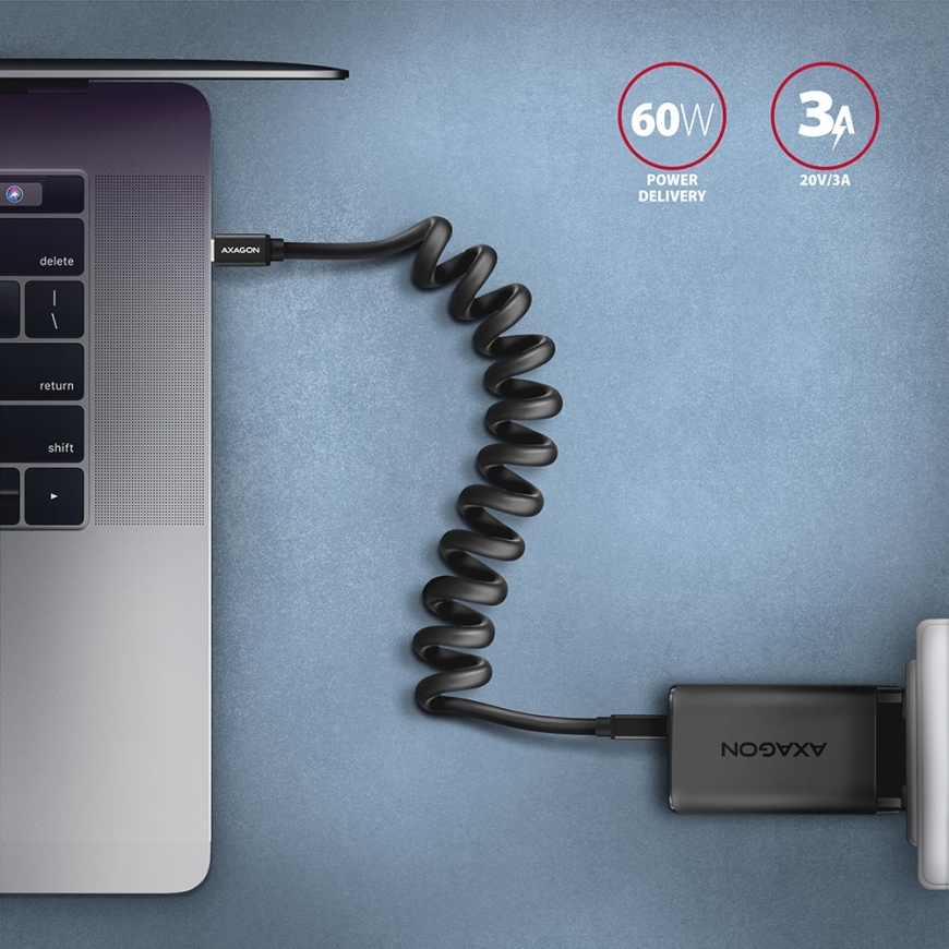 Axagon Data and charging USB 2.0 cable 1.1 m long. PD 60W, 3A. Black twisted. USB cable USB C 0.48 G – 5