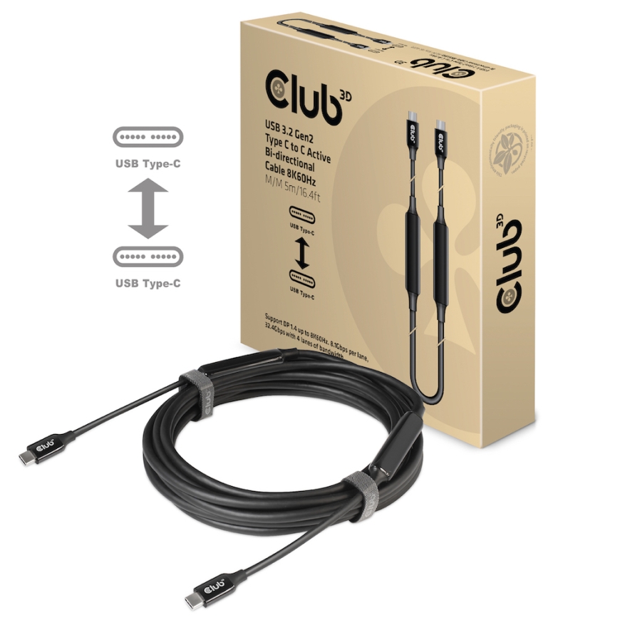 CLUB3D USB 3.2 Gen2 Type C to C Active Bi-directional Cable 8K60Hz M/M 5m/16.4ft – 3
