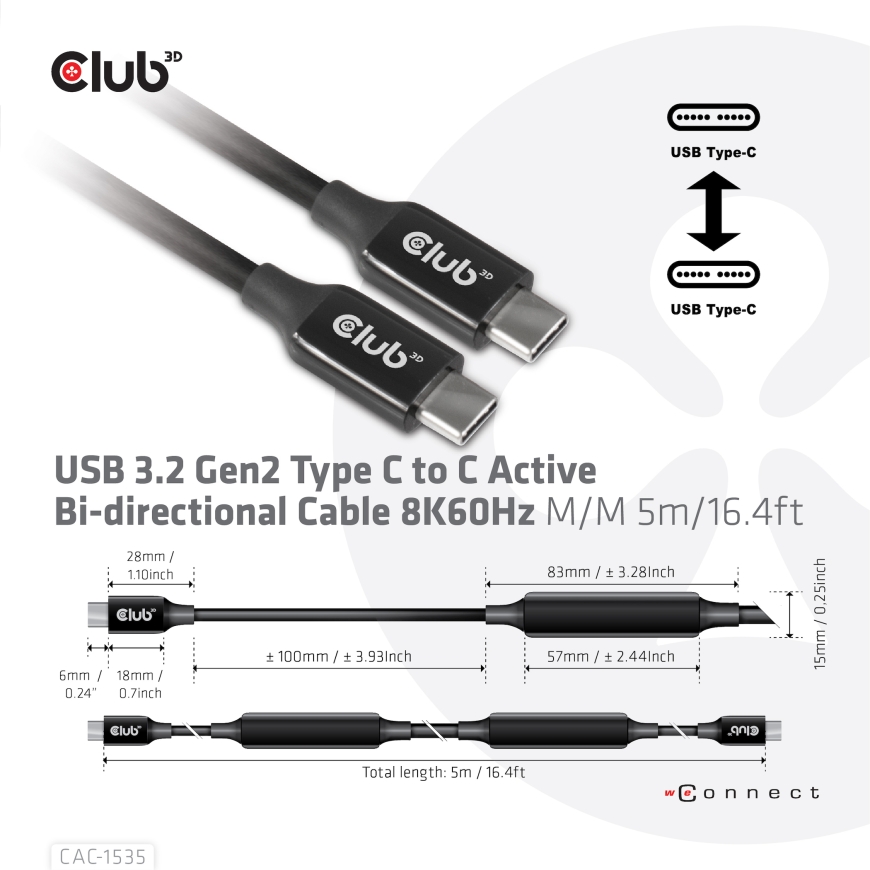 CLUB3D CAC-1535 USB kabelis USB 3.2 Gen 2 (3.1 Gen 2) 5 m USB C 10 Gbit/s 60 W Melns – 4