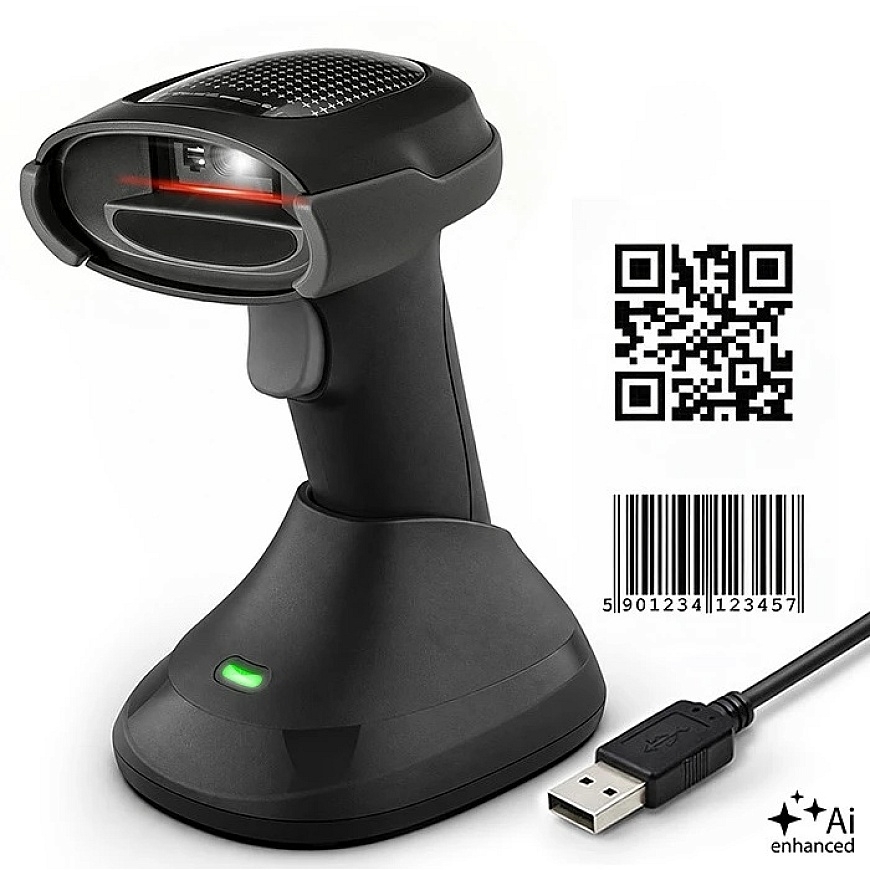 Qoltec Wireless Precision Barcode Scanner 1D 2D + Charging Station | QR | EAN | USB