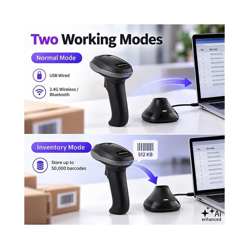 Qoltec Precīzs bezvadu svītrkodu skeneris 1D 2D + uzlādes stacija | QR | EAN | USB – 5
