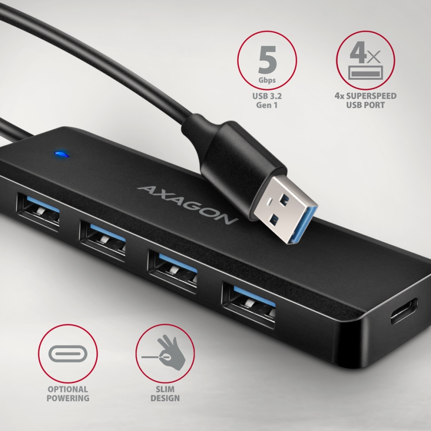 Axagon HUE-C1A 4x USB 5Gbps TRAVEL hub, USB-C power IN, 19cm USB-A cable – 2