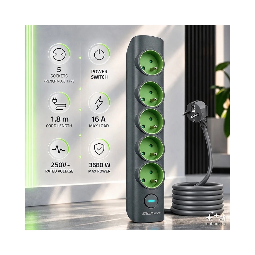 Qoltec Power Strip with Illuminated Switch | 5in1 Extension Cable | 5 Sockets with Grounding | 1.8 m – 2