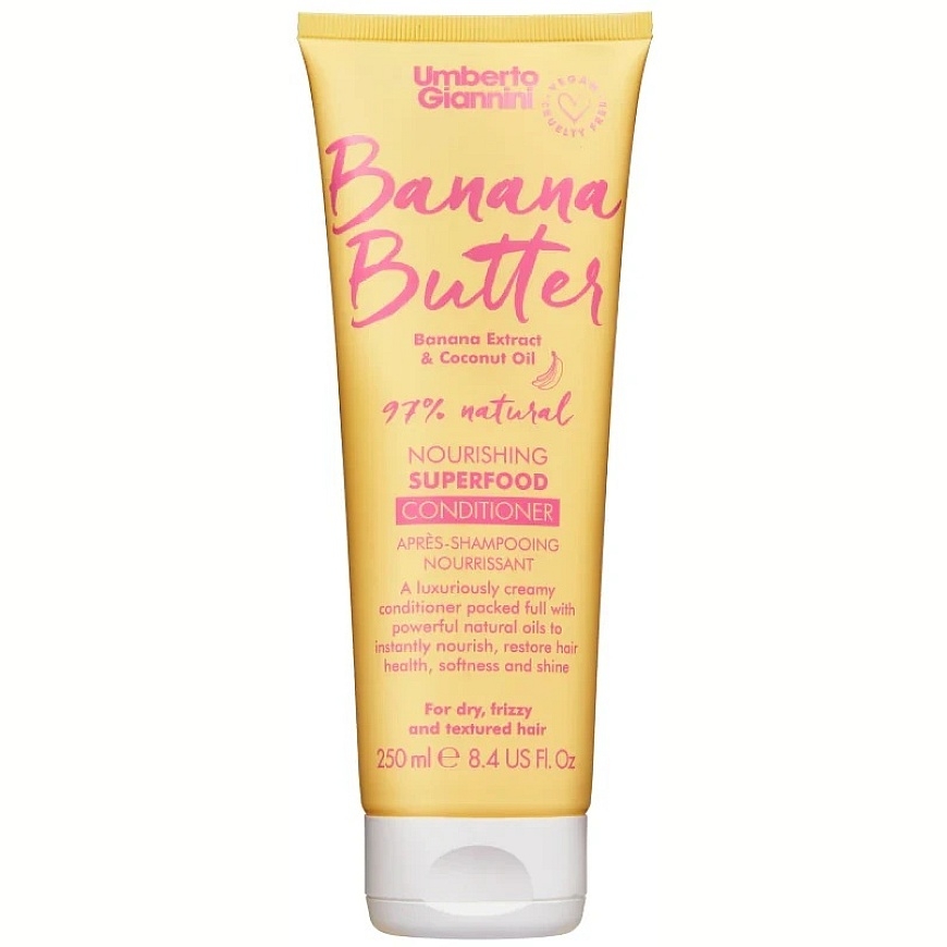 Umberto Giannini Banana Butter veganiškas ir nebandytas su gyvūnais, natūralių ingredientų plaukų kondicionierius maitinantis ir