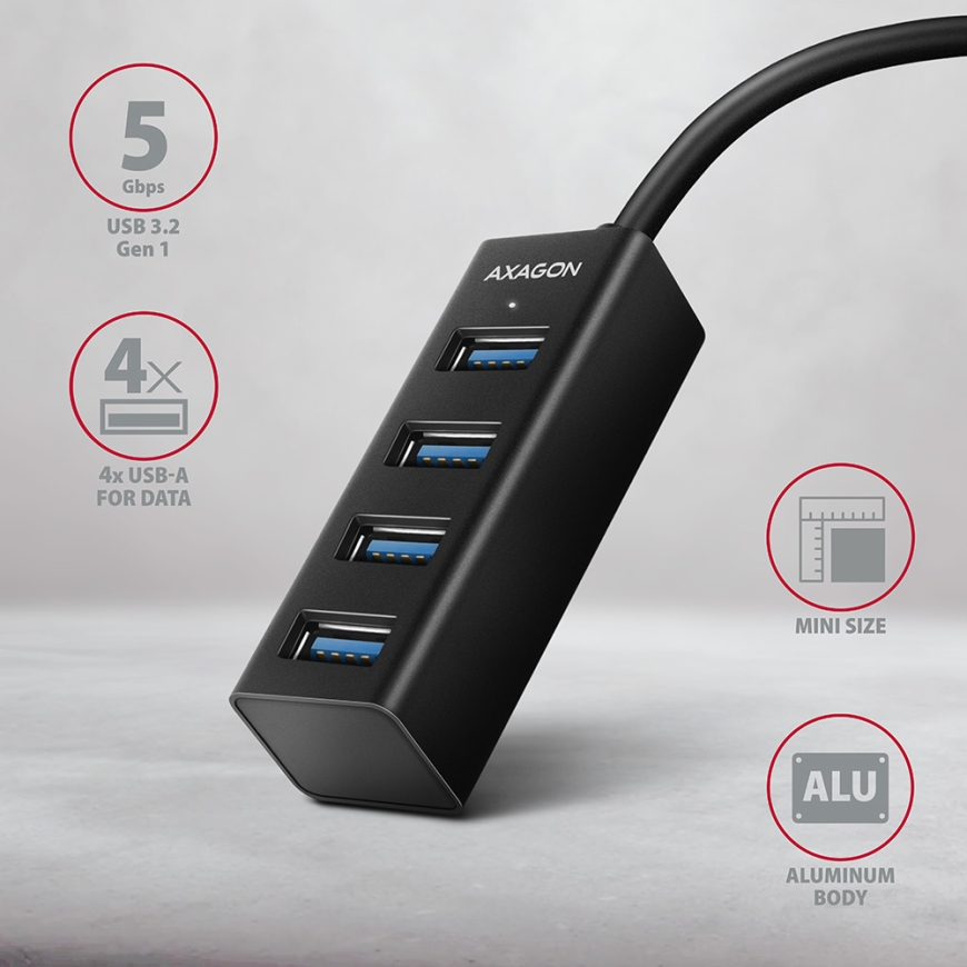 Axagon HUE-M1A 4x USB 3.2 Gen 1 MINI hub, metal, 20cm USB-A cable – 2