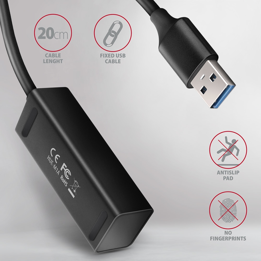 Axagon HUE-M1A 4x USB 3.2 Gen 1 MINI hub, metal, 20cm USB-A cable – 4