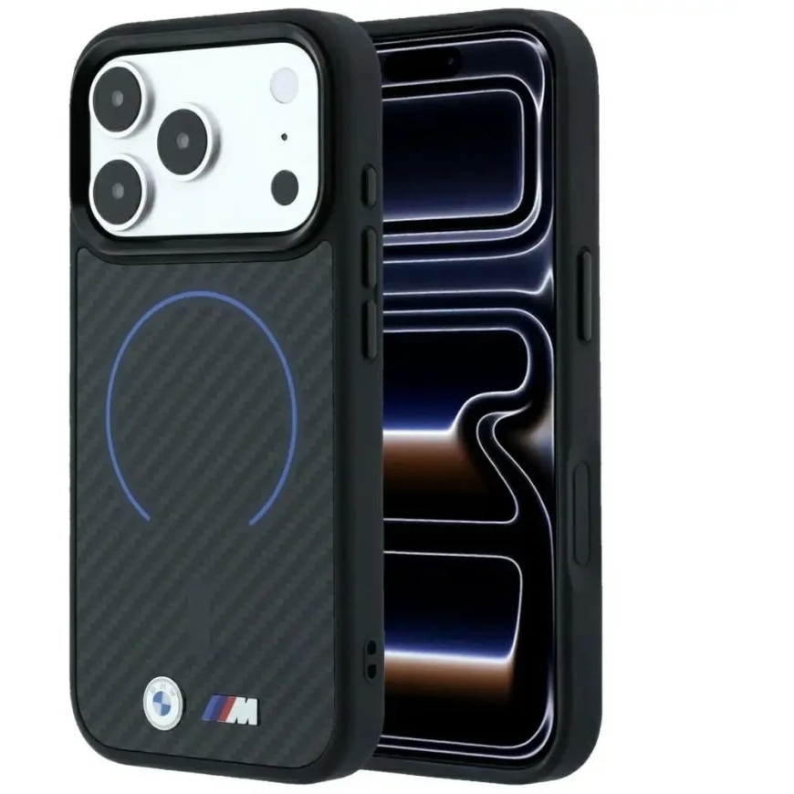 BMW M Kevlar Sininen Printti Rengas Metallilogo MagSafe kotelo iPhone 18 Pro / 17 Pro - Musta