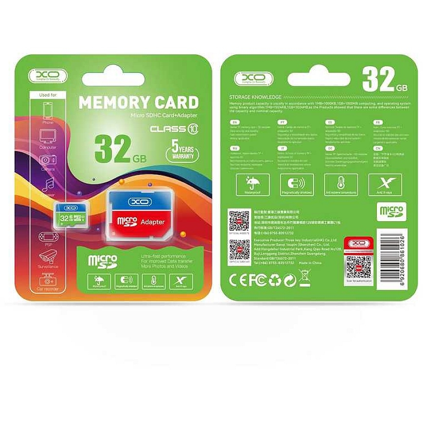 XO 32GB Micro SDHC Memory Card cl. 10 + Adapter