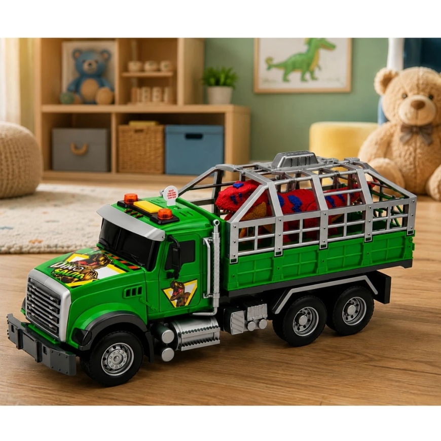 Lean Toys Žaislinis dinozaurų transporteris su šviesos ir garso efektais, žalias, 36 × 16,5 × 11,5 cm – 4