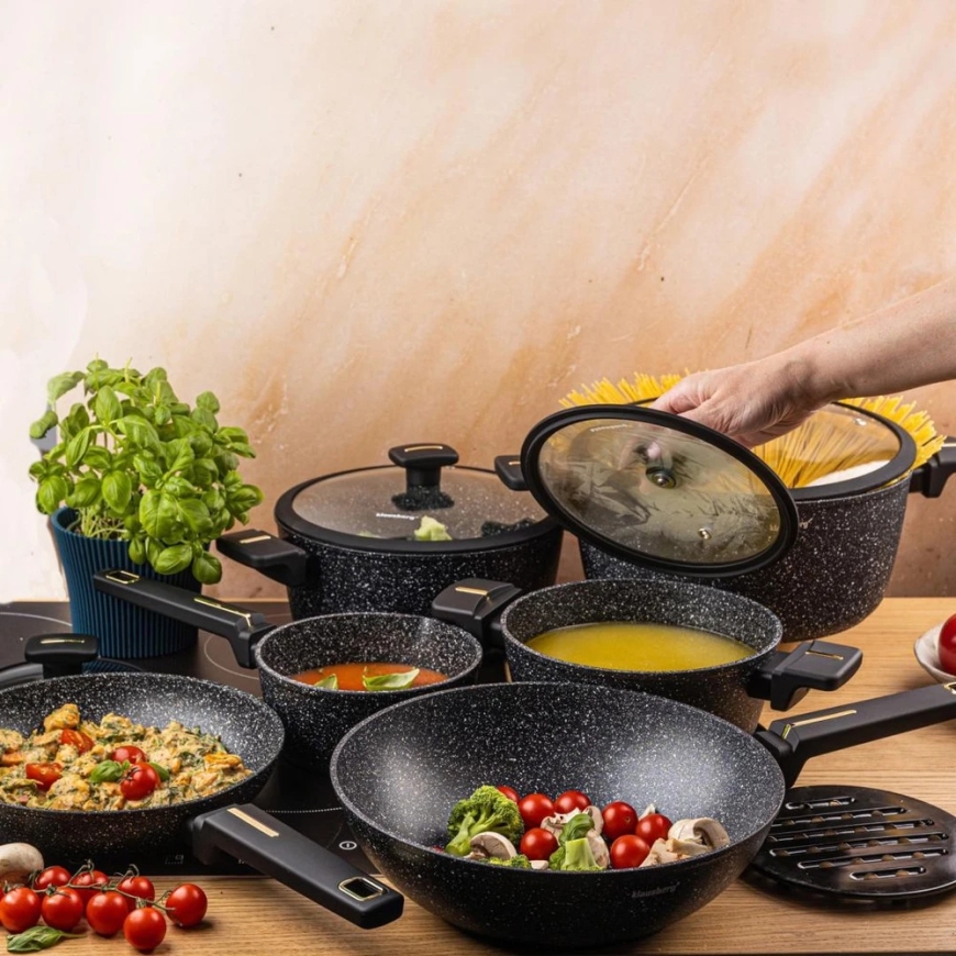 12-piece kitchen utensils set with a frying pan, made of cast aluminum, marble non-stick coating, black, Klausberg, kb-7968 – 3