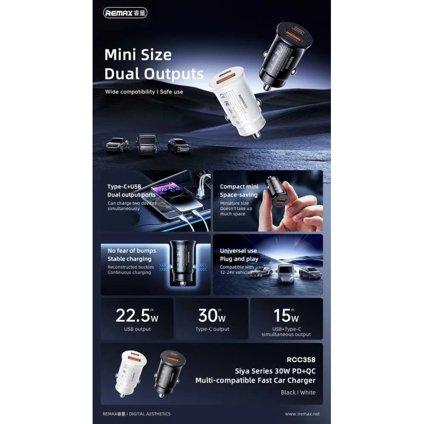 Автомобильное зарядное устройство 30W QC USB + USB-C PD Remax Siya Series RCC358 черного цвета – 4