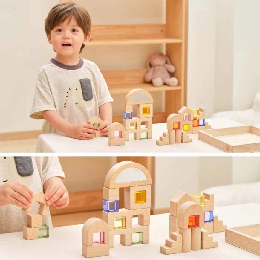Viga Toys VIGA medinės konstruktoriaus kaladėlės su spalvotais langeliais 32 vnt. – 4