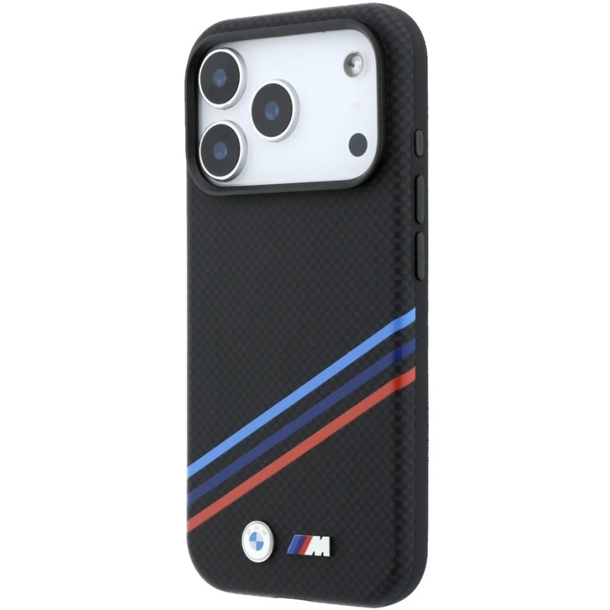 BMW M Quadrille vāciņš ar Kevlar rakstu, trikoloru svītrām un metāla logotipu, MagSafe, saderīgs ar iPhone 18 Pro Max / 17 – 3