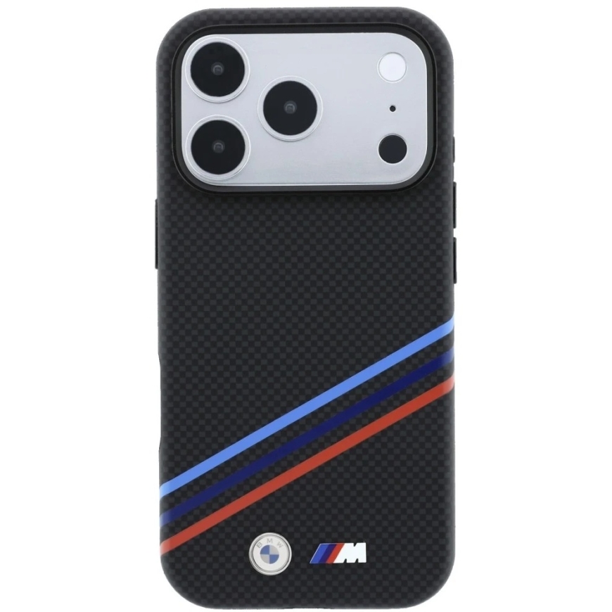 BMW M Quadrille -kuori Kevlar-kuviolla, kolmivärisillä raidoilla ja metallilogolla, MagSafe, yhteensopiva iPhone 18 Pro Max / 17 – 4