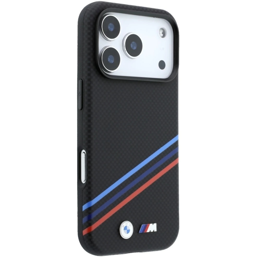 BMW M Quadrille case with Kevlar pattern, tricolor stripes and metal logo, MagSafe, compatible with iPhone 18 Pro Max / 17 – 5