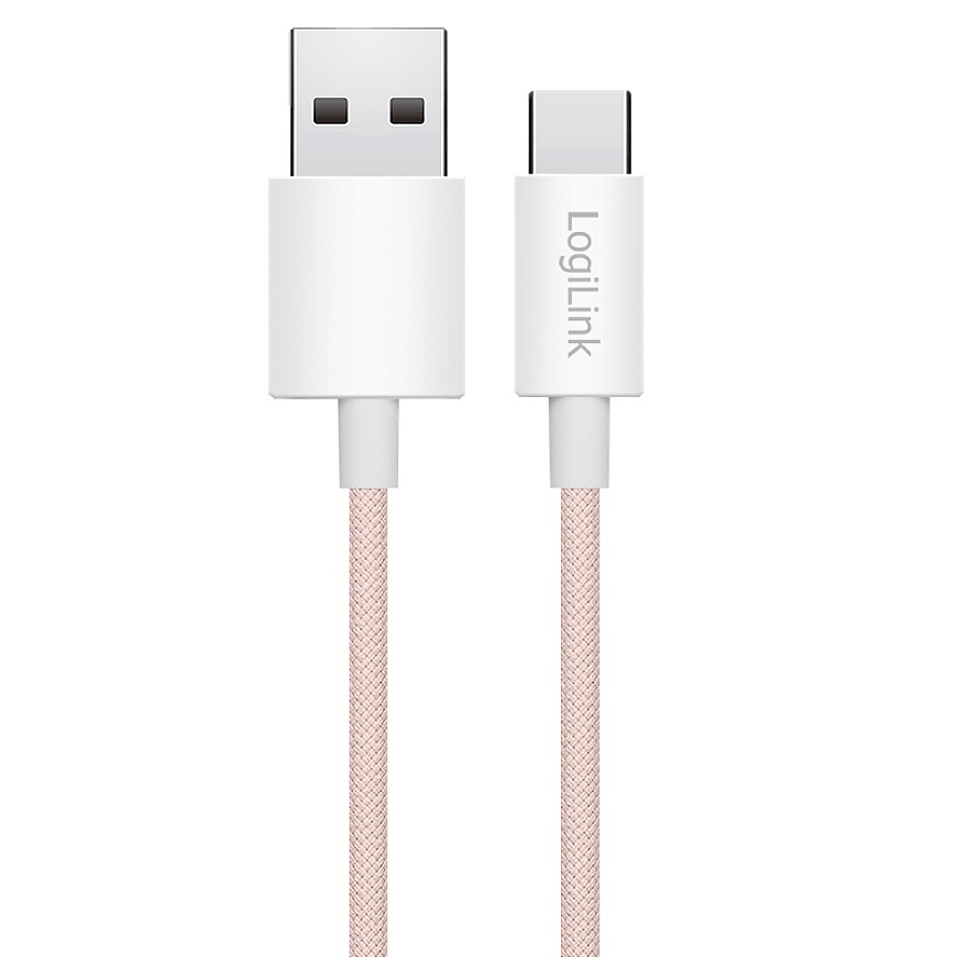 LogiLink USB 2.0 Type-C cable, C/M to A/M, nylon jacket, 60W, pink, 1.5 m – 2