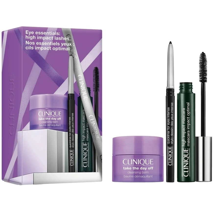 CLINIQUE_SET Eye Essentials High Impact skropstu tuša 7 ml + acu zīmulis melns + attīrošais balzams 15 ml