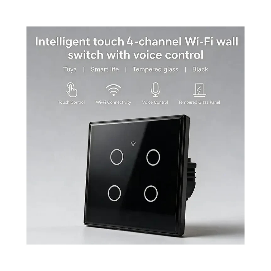 Qoltec Smart 4 Channel Touch Switch for Light Control | Wi-Fi | Timer | Tuya | Smart Life | Tempered Glass | Black – 2