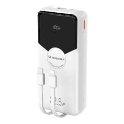Wozinsky WFC-15W 20000mAh 22.5W PD20W Powerbank, jossa on sisäänrakennetut Lightning- ja USB-C-kaapelit - Valkoinen