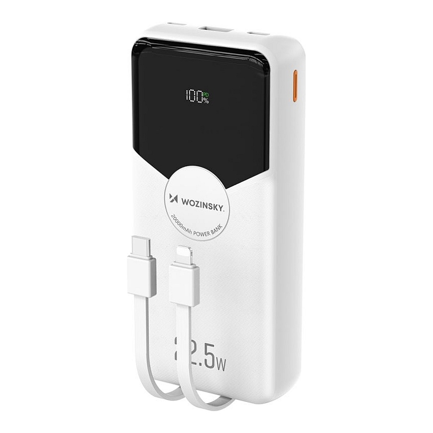 Wozinsky WFC-15W 20000mAh 22.5W PD20W Пауэрбанк с встроенными кабелями Lightning и USB-C - Белый