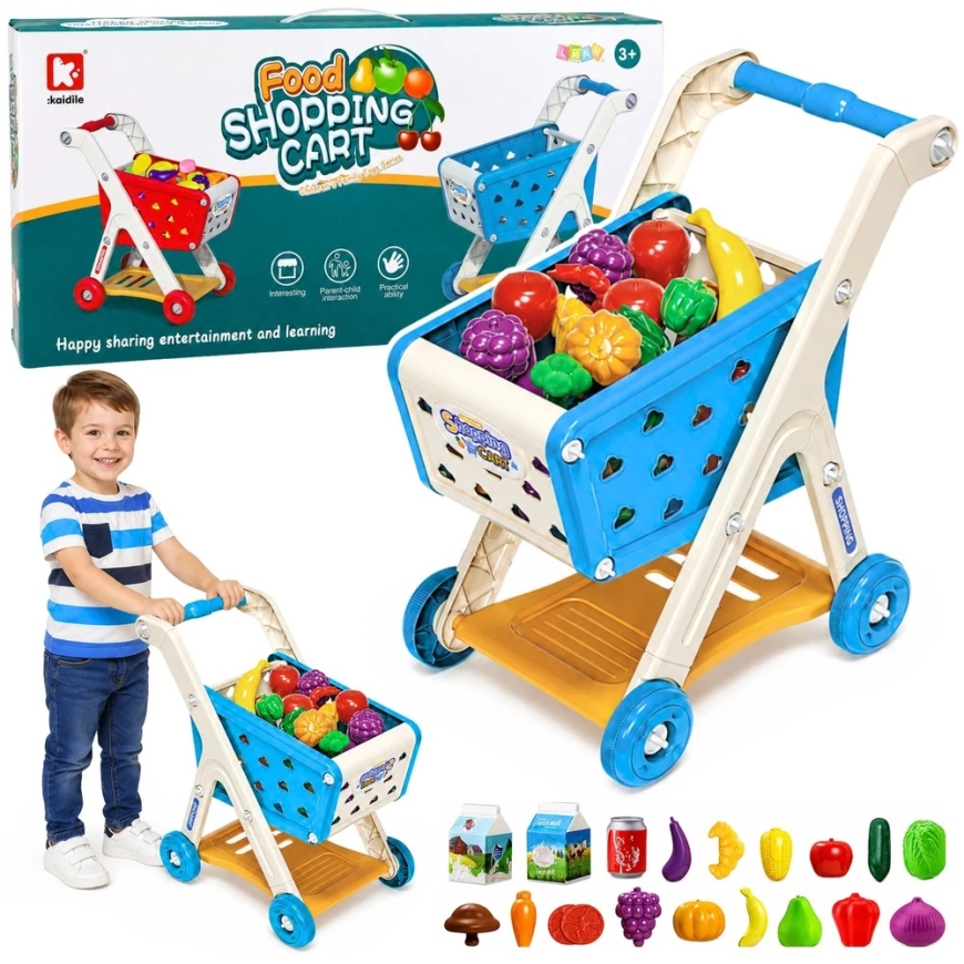 Lean Toys Children's Shopping Cart with Accessories, Blue, 42 × 28 × 48 cm, 26 Pieces