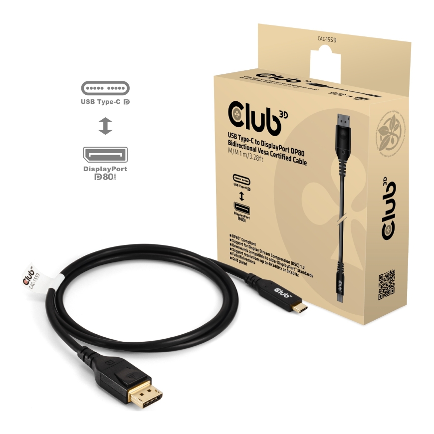 CLUB3D USB Type C Cable to DP 2.1 Bi-Directional VESA DP80 Certified Cable M/M 1m/3.28ft – 2