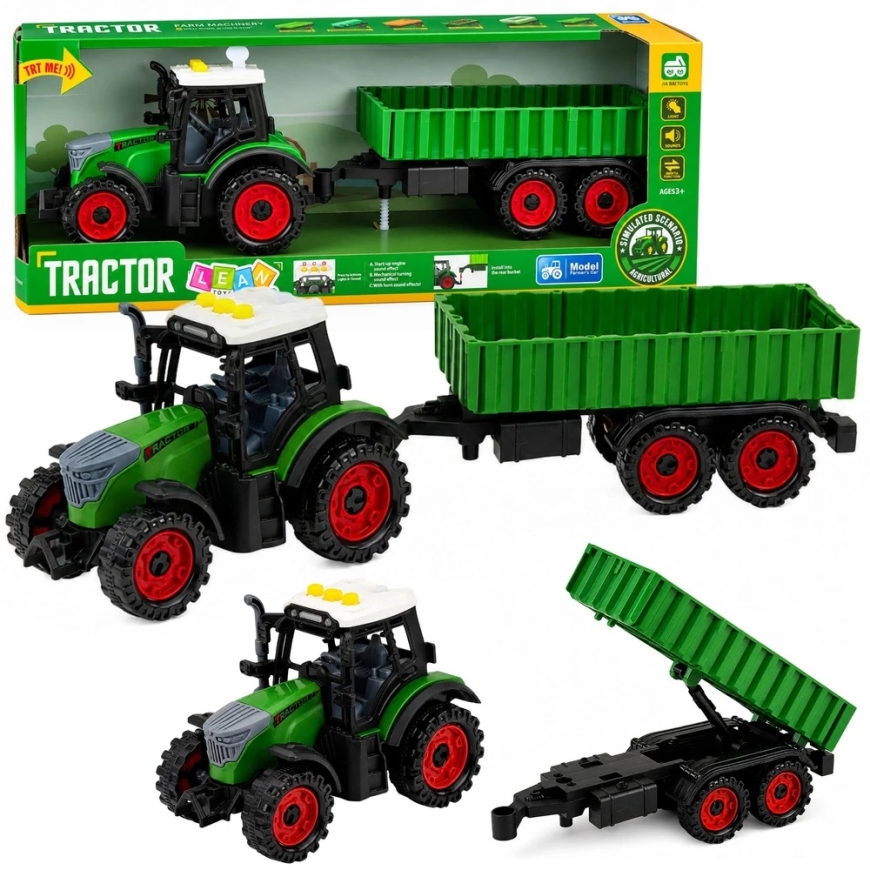Lean Toys Toy Tractor with Two-Axle Trailer, Light and Sound Effects, Green, 35 × 9.5 × 8 cm