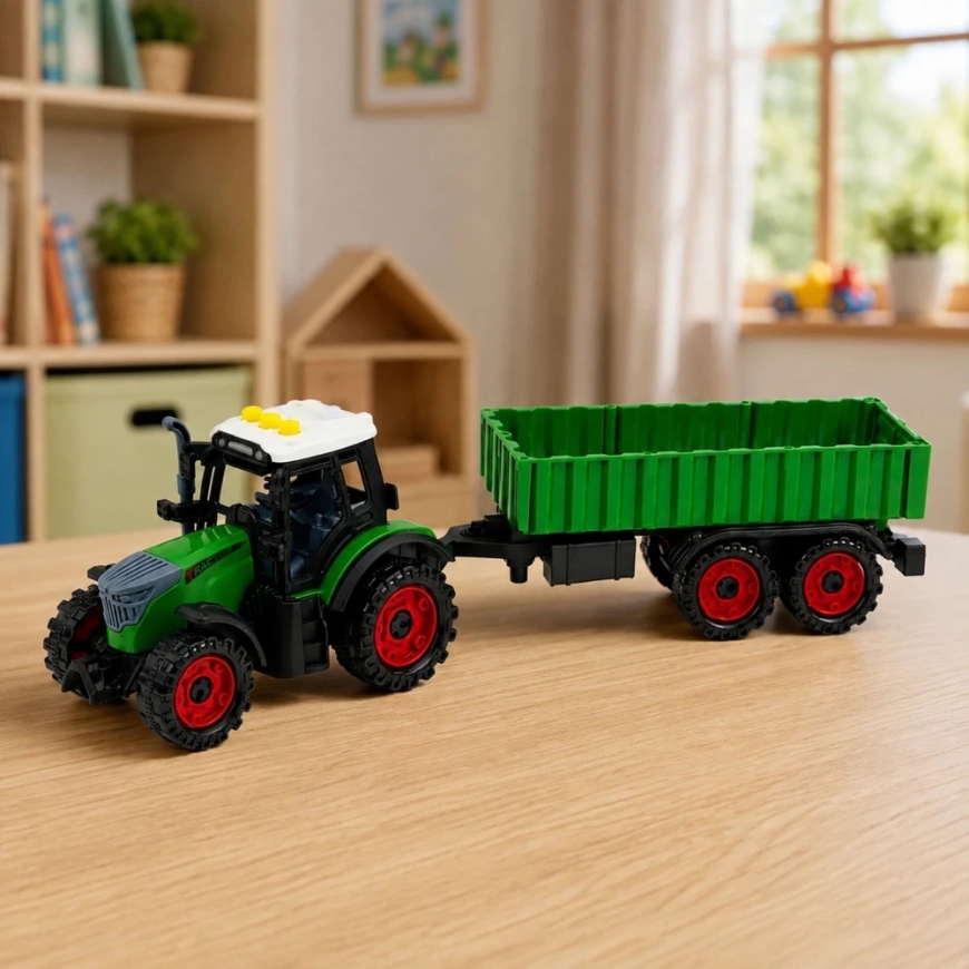 Lean Toys Žaislinis traktorius su dviaše priekaba, šviesos ir garso efektai, žalias, 35 × 9,5 × 8 cm – 3