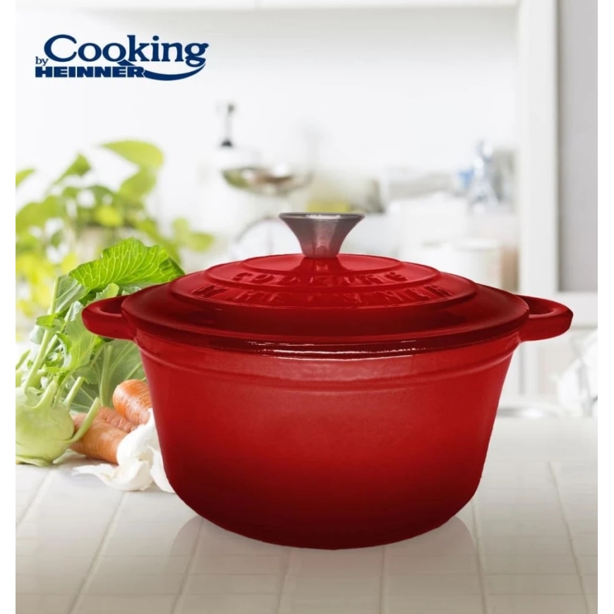 Emaliuota ketaus keptuvė su dangčiu 22x9,5 cm, 2,9 l, raudona linija, „Cooking by Heinner“ – 5