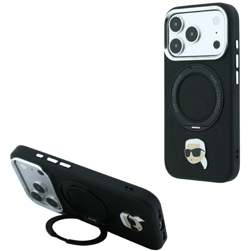 Karl Lagerfeld 360 Karl Head Pin MagSafe ümbrik ringi toetusega iPhone 18 Pro Max / 17 Pro Max - Must