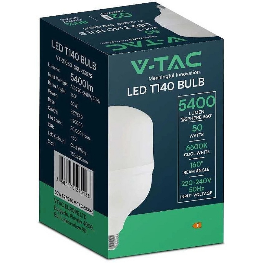 V-tac 50W LED light bulb, white, T140, E27, 6500K – 3