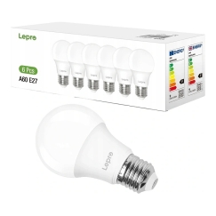 LEPRO 100090-DW-EU-6 LED spuldze, E27, A60, 8.5W (60W), 806 lm, 6500K (aukstais baltais), 180°, 6 iepakojumā