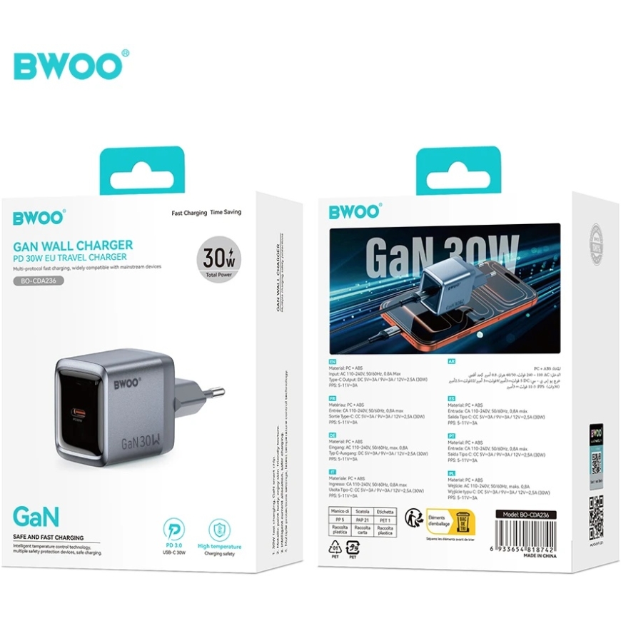 BWOO BO-CDA236 GaN seinälaturi 1xUSB-C 3A PD 30W harmaa PPS:llä – 5