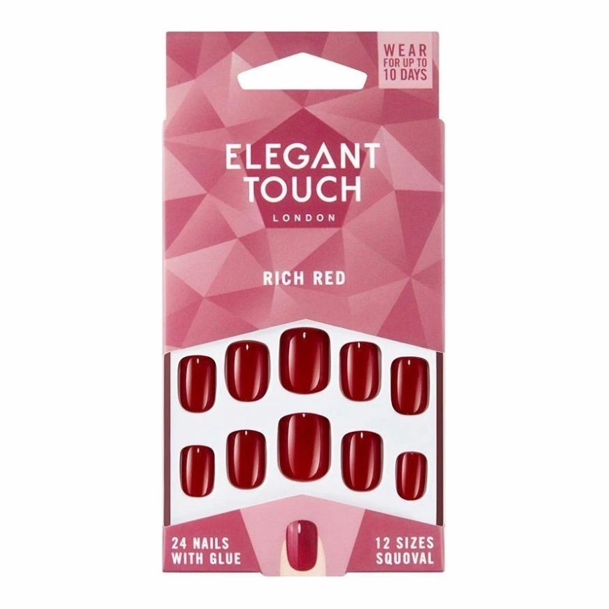 Elegant Touch Polished Color 24 Nails With Glue Squoval Rich Red