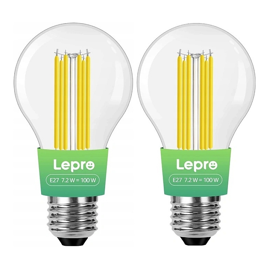 LEPRO 100094-WW-EU-2 E27 filamentinė LED lemputė, 7.2W (100W), 1521 lm, 2700K, A klasė, 2 pakuotė