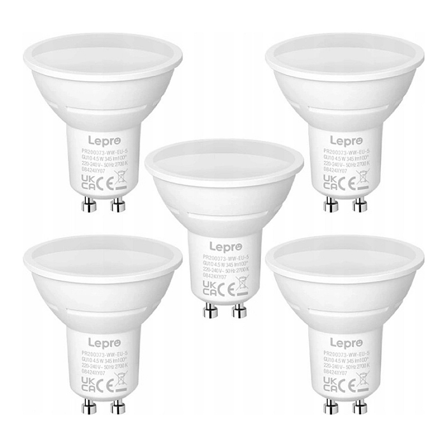 LEPRO 200073-WW-EU-5 GU10 LED-lamppu, 4.5W, 345 lm, 2700K, 100°, 5-pakkaus
