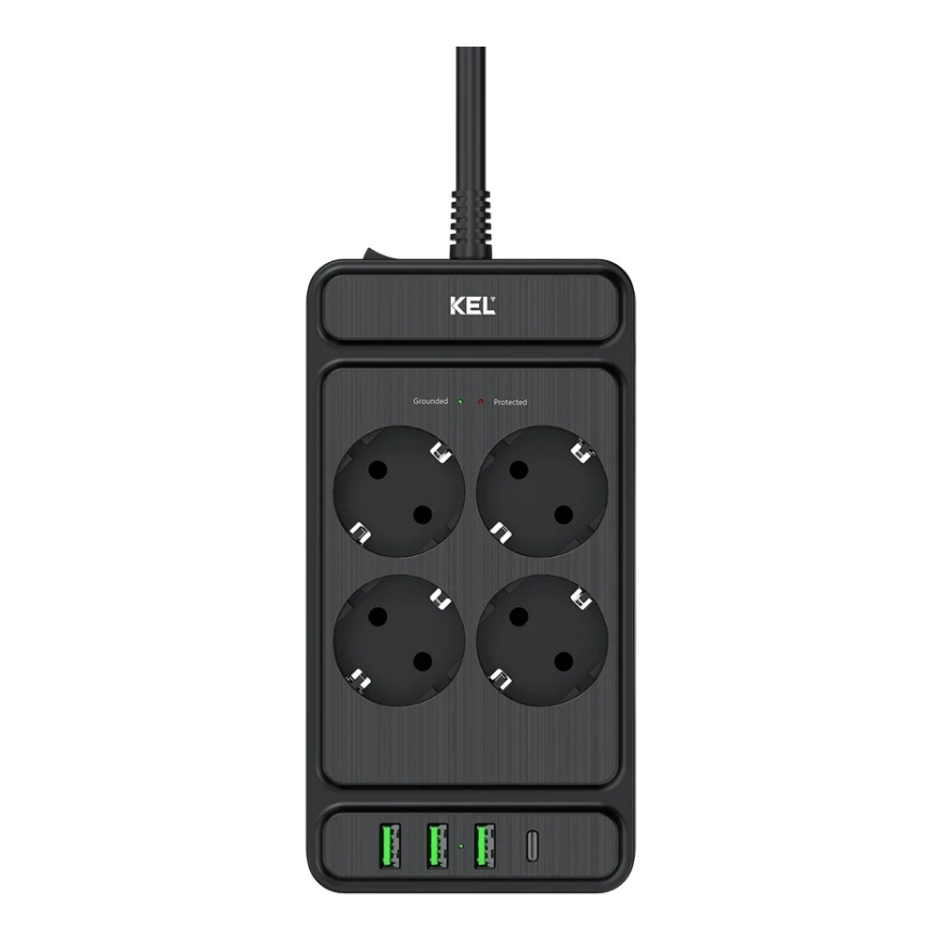 Plastrol Pitkätöyhtymä ylikuormitussuojaan, 4 Pistorasiaa 2P+E sekä USB-A- ja USB-C-liitännät, 2 m, Schuko