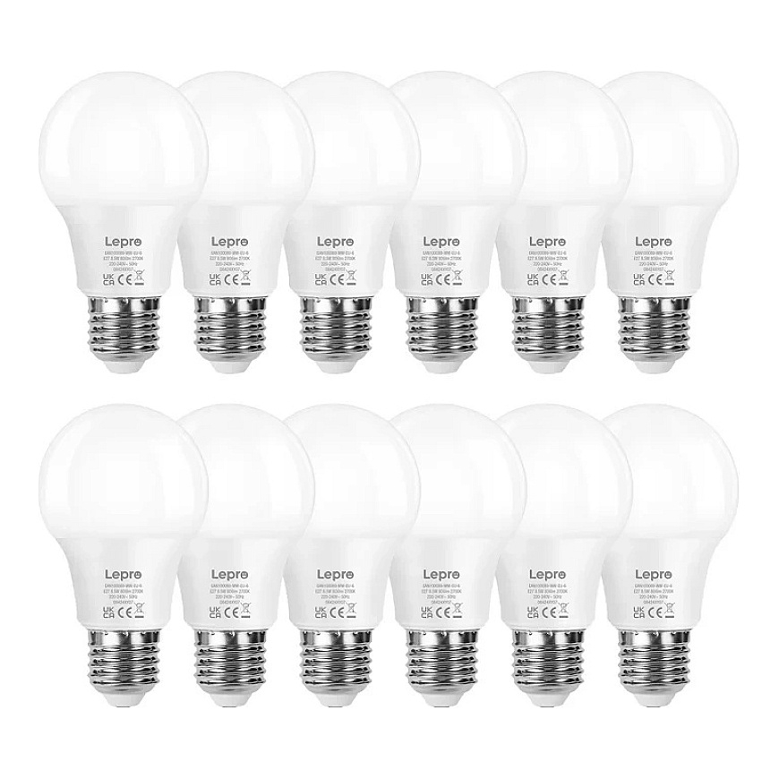 LEPRO 100089-WW-EU-12 LED spuldze, E27, A60, 8.5W (60W), 806 lm, 2700K (siltā balta), 180°, 12 iepakojums