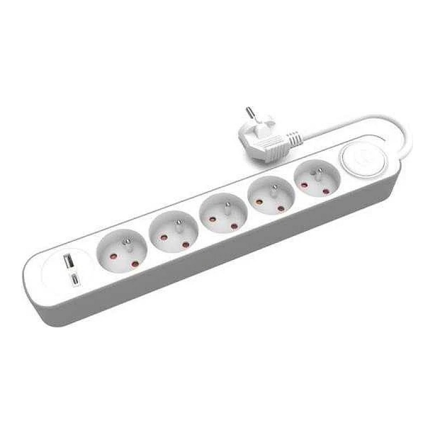 Plastrol 5-socket extension cord with switch and USB-A and USB-C ports
