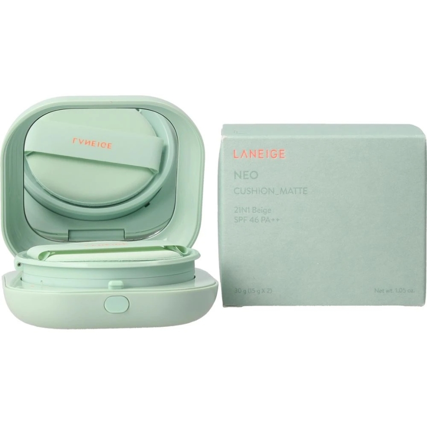 Laneige Neo Cushion Matte matinio efekto kompaktinis makiažo pagrindas, atspalvis: 21N1 rusvai gelsvas, 15 g