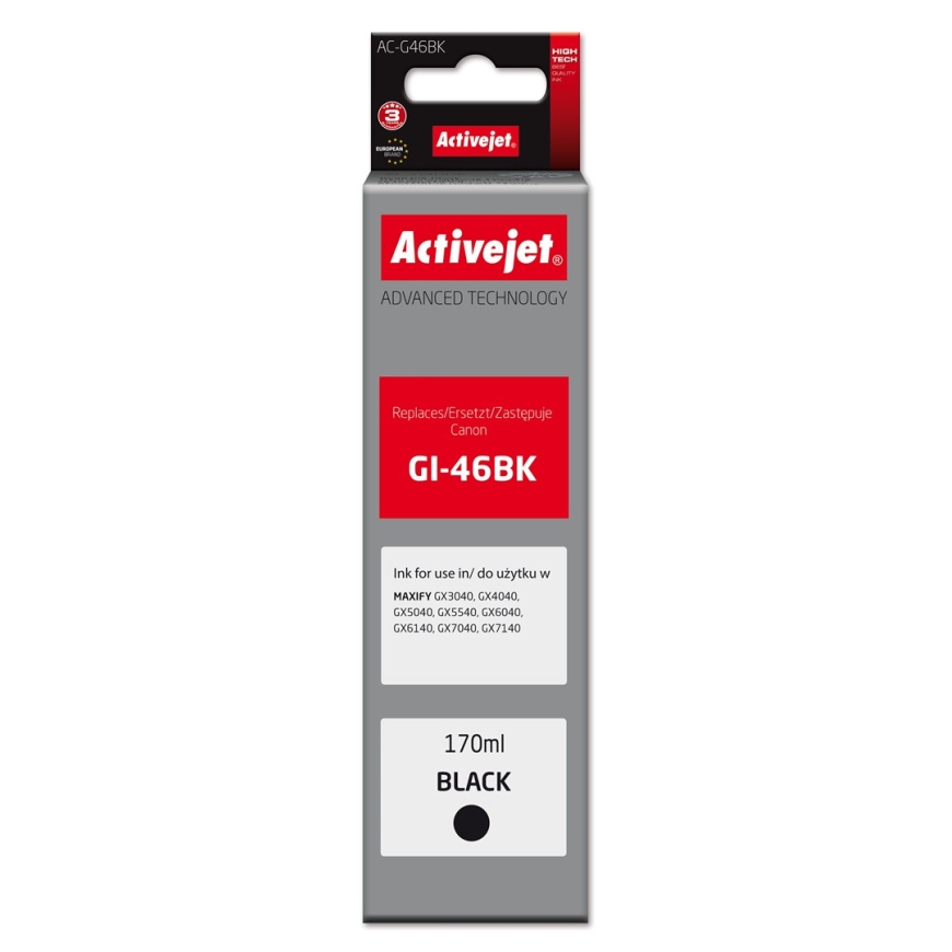 Activejet AC-G46BK Tintkassett Canon printeritele, asendus Canon GI-46BK Supreme 170 ml musta tinti