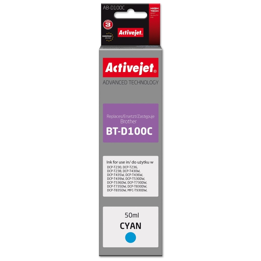 Activejet AB-D100C rašalas kasetė Brother spausdintuvams, pakaitalas Brother BT-D100C Supreme 50 ml cianai