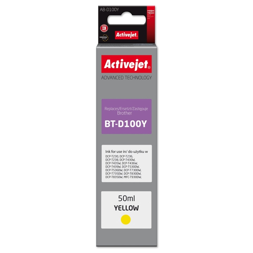 Activejet AB-D100Y tintes kārtridžs Brother printeriem, nomaiņa Brother BT-D100Y Supreme 50 ml dzeltenai krāsai
