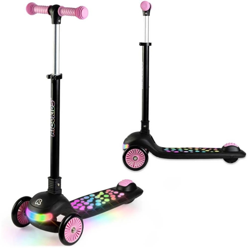 Vaikiškas Ricokids Glowi triračio balansinis paspirtukas su LED, juodos ir rožinės spalvos
