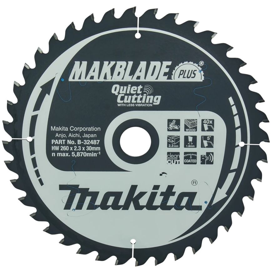 Makita T.C.T. saha MAKBLADE PLUS 260X2.3X30mm 5° T40 B-32487 T.C.T • 260 x30 mm • T40 • 5° • Puulle – 3