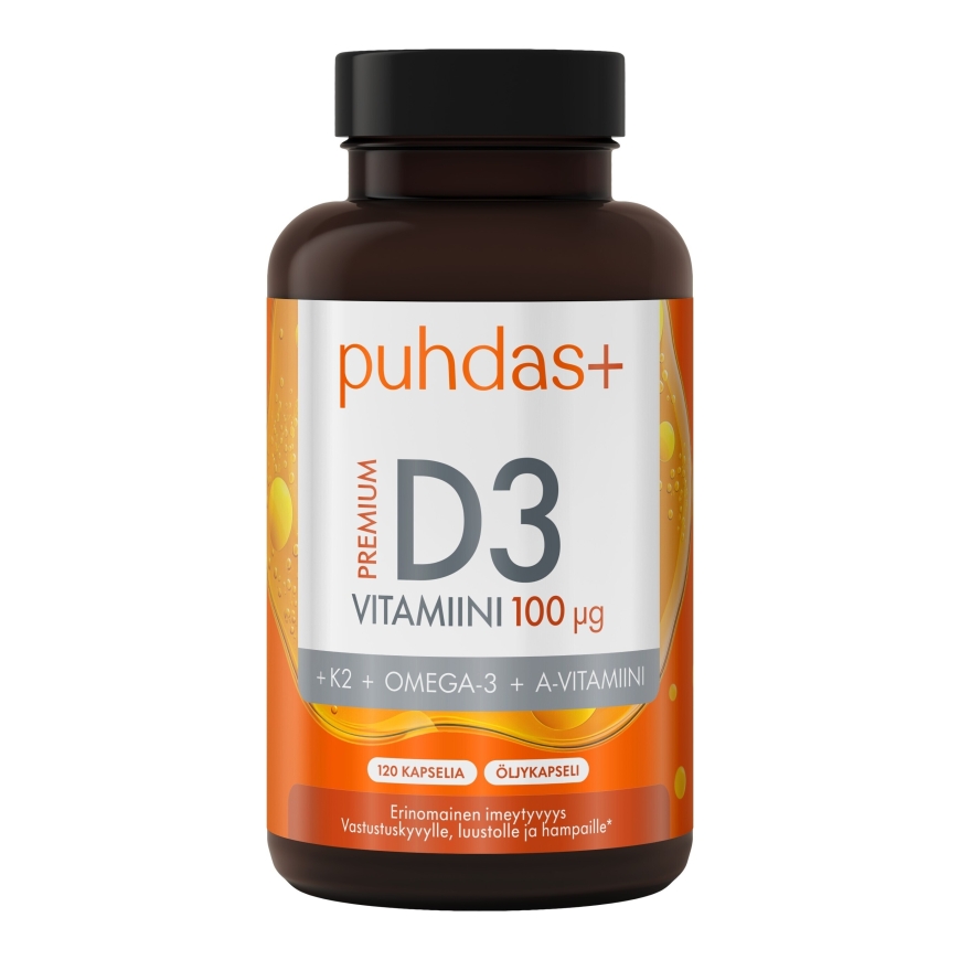 Puhdas+ Premium D3 vitaminas 100 µg, 120 kapsulių