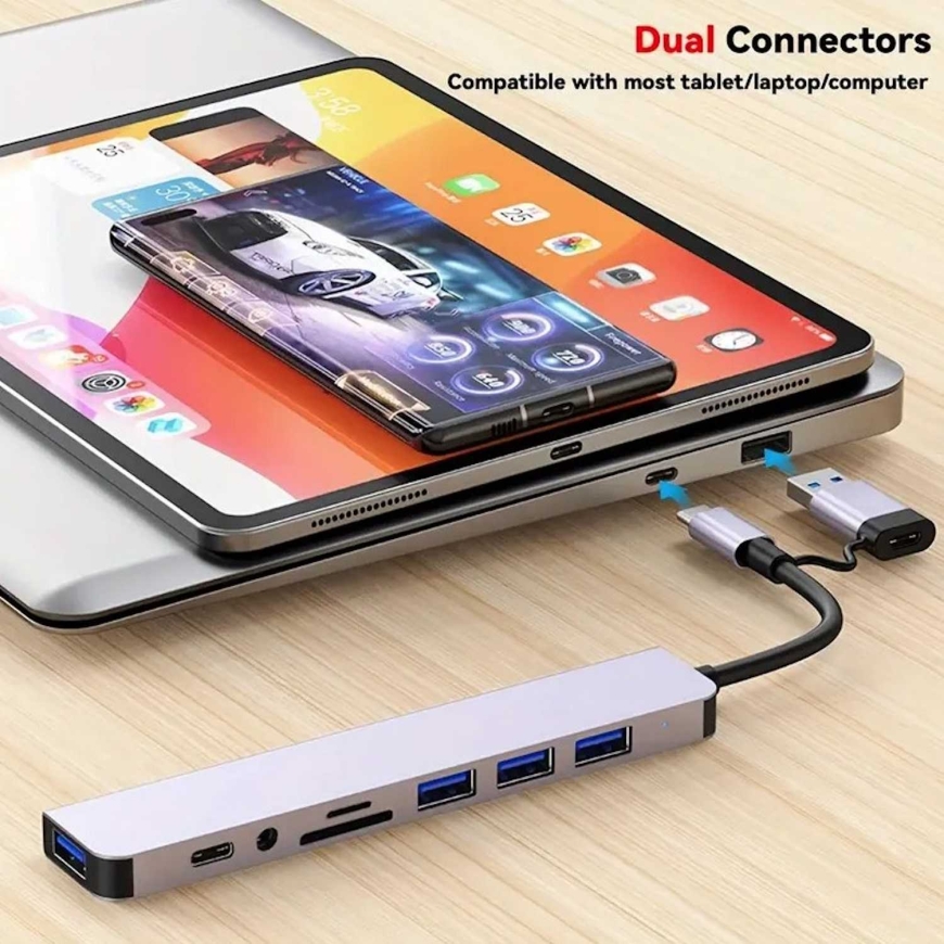 Riff 8in1 Universalus aliuminio 8 prievadų USB Type C centras - įeina USB 3.0 – 4