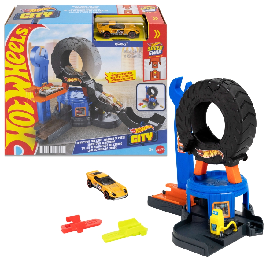 Hot Wheels City Downtown Tire Shop -lelupakkaus, jossa mittakaavan 1:64 leluauto, Speed Snap -yhteen